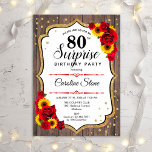Convite Surprise 80th Birthday - Sunflowers Rustic Wood<br><div class="desc">Surprise 80th Birthday Invitation.
Feminine rustic black,  white,  red design with faux glitter gold. Features wood pattern,  red roses,  sunflowers,  script font and confetti. Perfect for an elegant birthday party. Can be personalized to show any age. Message me if you need further customization.</div>