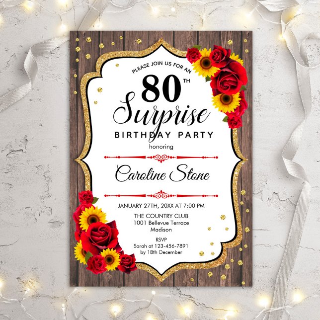 Convite Surprise 80th Birthday - Sunflowers Rustic Wood (Criador carregado)