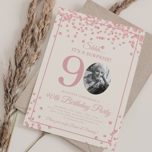 Convite SURPRISE 90th Birthday Rose Gold Confetti Beige (SURPRISE 90th Birthday Rose Gold Confetti Beige Invitation)