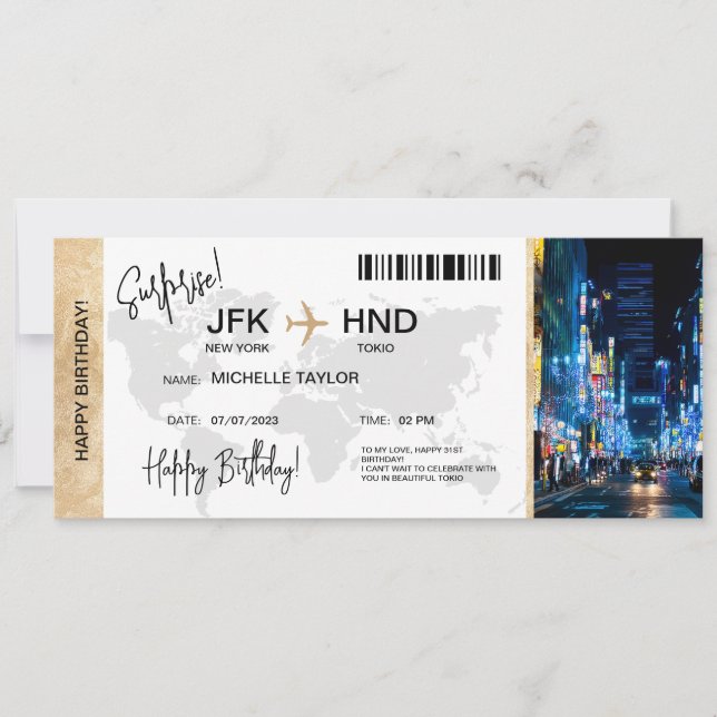Convite Surprise Birthday Boarding Pass Tokio Trip Ticket (Frente)