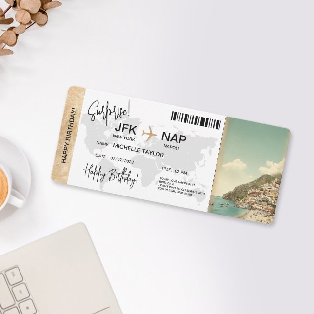 Convite Surprise Birthday Boarding Pass Trip Ticket (SURPRISE BIRTHDAY TRIP POSITANO ITALY)