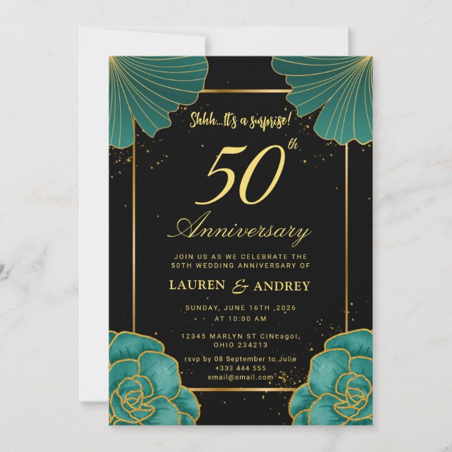 Convite Surprise Black & Gold 50th Wedding Anniversary (Frente)