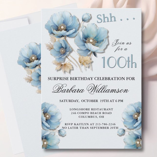 Convite SURPRISE Elegant Blue Floral 100th Birthday (Criador carregado)