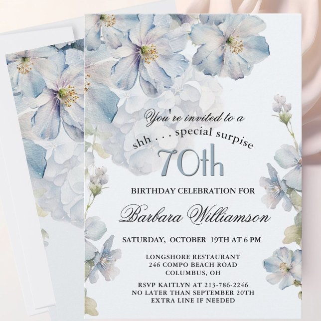 Convite SURPRISE Elegant Blue Floral 70th Birthday  (Criador carregado)
