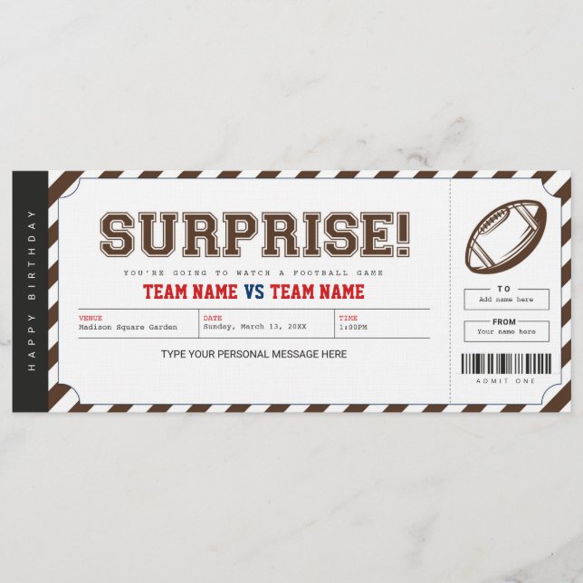 Convite Surprise Football Game Stadium Gift Ticket (Frente)