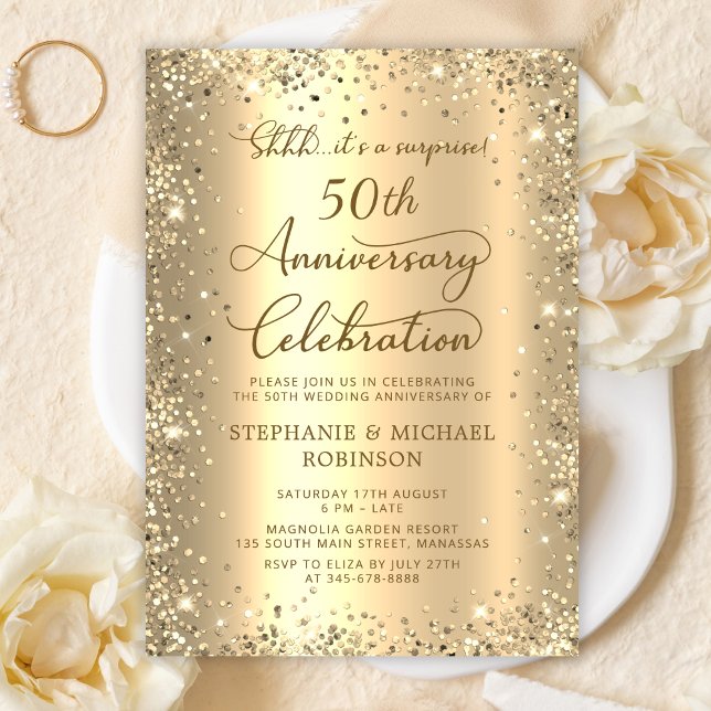 Convite Surprise Gold Glitter 50th Wedding Anniversary (Criador carregado)