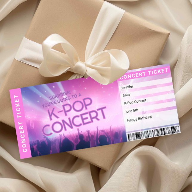 Convite Surprise K-Pop Fan Gift Concert Ticket Reveal Card (Surprise K-Pop Concert Ticket Printable | K-Pop Gift Reveal Boarding Pass | Fan Gift for Teen or Fri)