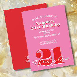 Convite SURPRISE! Modern Pink Red Minimalist 21st Birthday