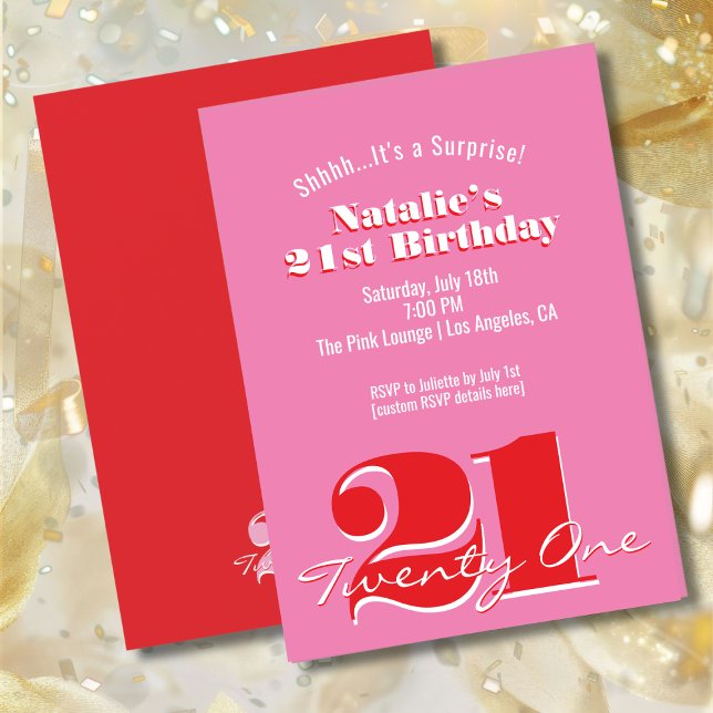 Convite SURPRISE! Modern Pink Red Minimalist 21st Birthday (Criador carregado)