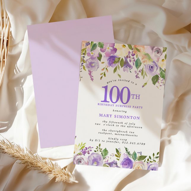 Convite SURPRISE PARTY 100th Birthday Pretty Purple Floral (Criador carregado)