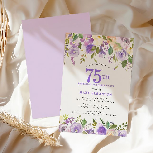 Convite SURPRISE PARTY 75th Birthday Pretty Purple Floral (Criador carregado)