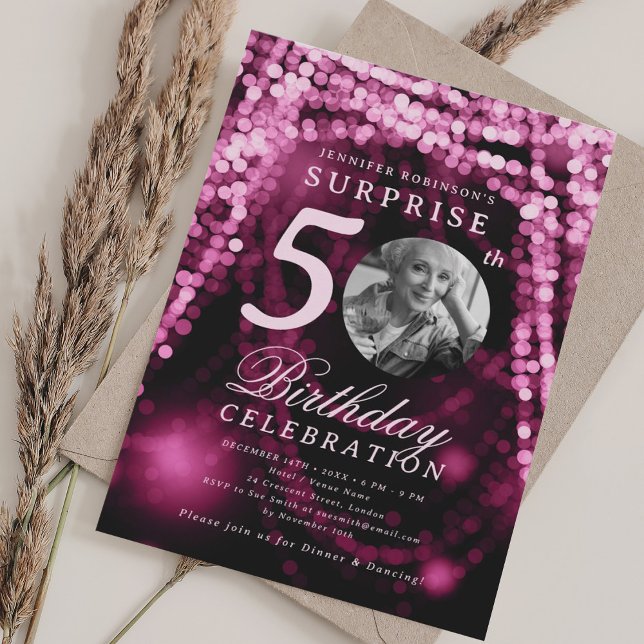 Convite SURPRISE Photo 50th Birthday Hot Pink Glam Lights (SURPRISE Photo 50th Birthday Hot Pink Glam Lights Invitation)