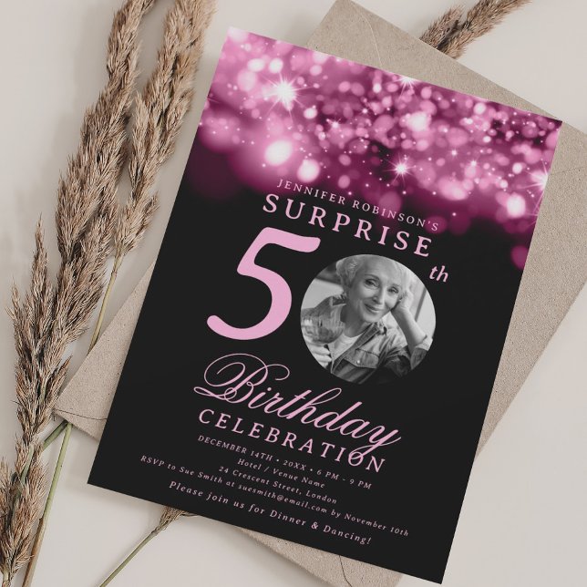 Convite SURPRISE Photo 50th Birthday Hot Pink Midnight  (SURPRISE Photo 50th Birthday Hot Pink Midnight Invitation)