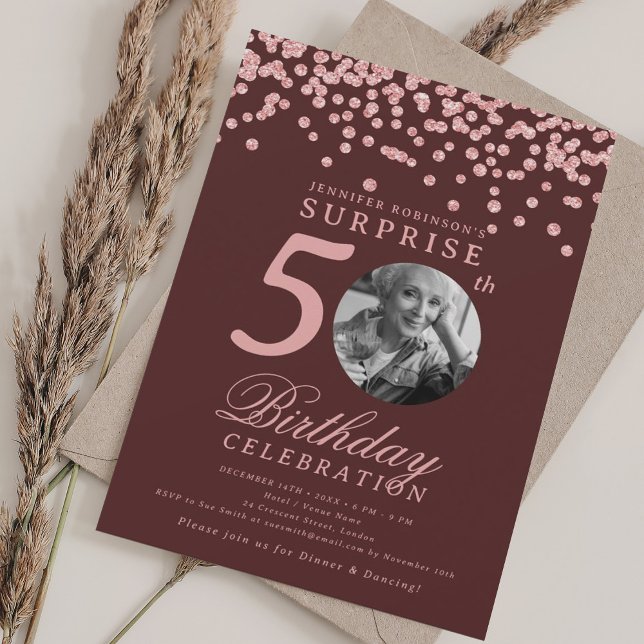 Convite SURPRISE Photo 50th Birthday Rose Gold Burgundy  (SURPRISE Photo 50th Birthday Rose Gold Burgundy Invitation)