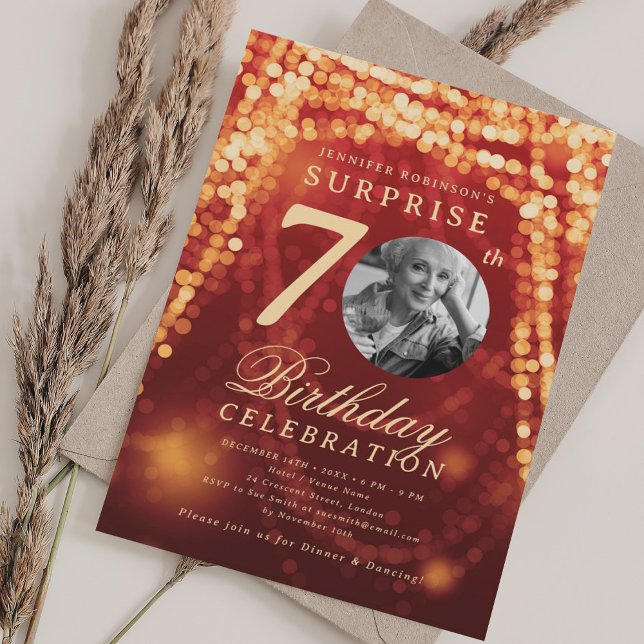 Convite SURPRISE Photo 70th Birthday Gold Red Glam Lights (SURPRISE Photo 70th Birthday Gold Red Glam Lights Invitation)