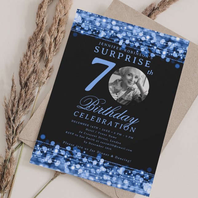 Convite SURPRISE Photo 70th Birthday Navy Blue Lights (SURPRISE Photo 70th Birthday Navy Blue Lights Invitation)