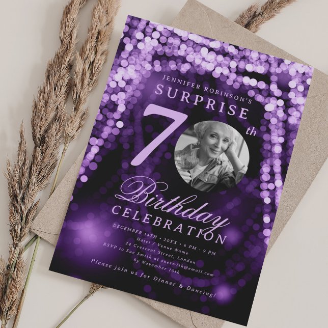 Convite SURPRISE Photo 70th Birthday Purple Glam Lights  (SURPRISE Photo 70th Birthday Purple Glam Lights Invitation)