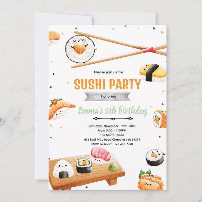 Convite Sushi birthday kid party invitation (Frente)