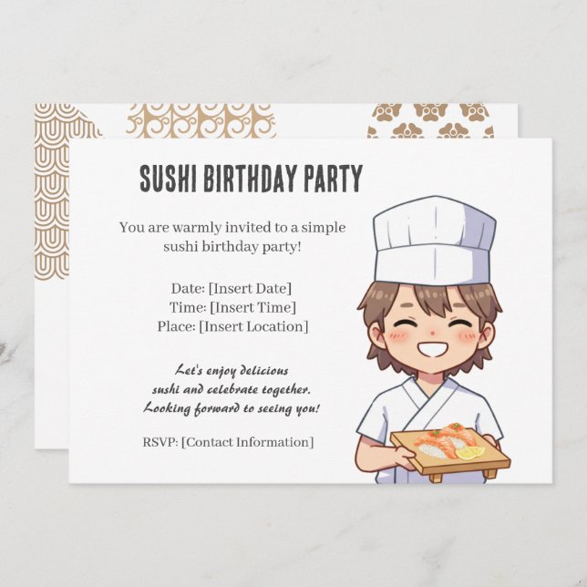 Convite Sushi Birthday Party Invitation with Cute Anime  (Frente/Verso)