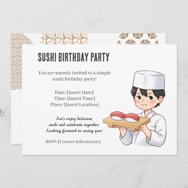 Convite Sushi Birthday Party Invitation with Cute Anime  (Frente/Verso)