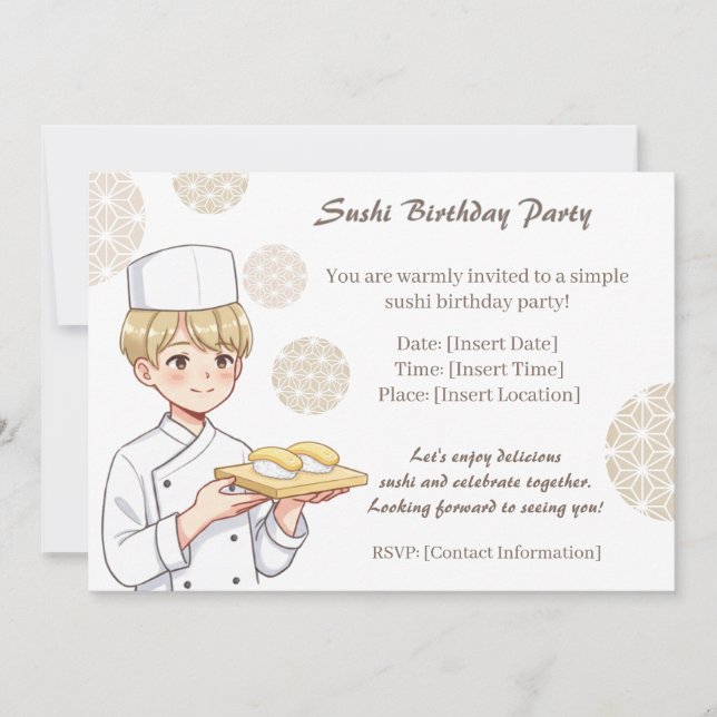Convite Sushi Birthday Party Invitation with Cute Anime  (Frente)
