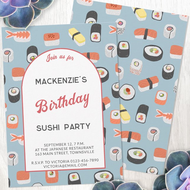 Convite Sushi Festa de aniversário (Fun Japanese sushi food art themed birthday party invitation with personalized custom text)