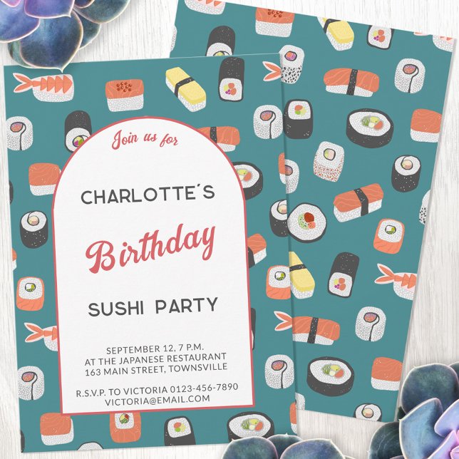 Convite Sushi Festa de aniversário (Japanese sushi themed personalized birthday party invitation with custom text)