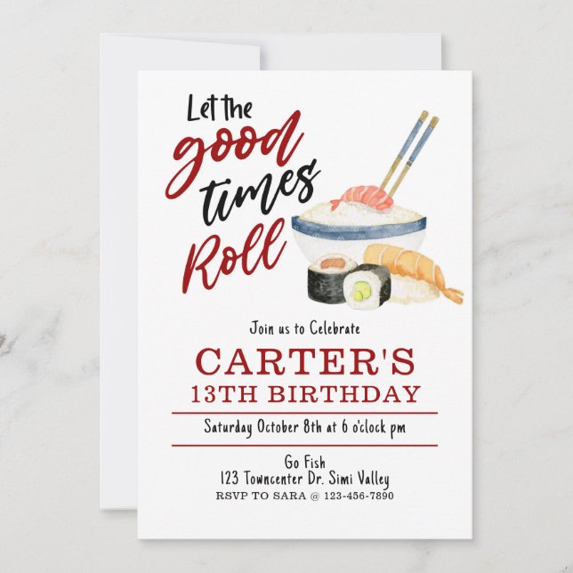 Convite Sushi Invitation, deixe os bons tempos rodarem (Frente)