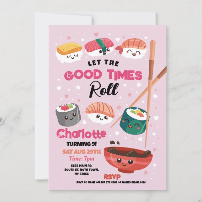 Convite Sushi Janta Meninas Rosa Festa de aniversário Japo (Frente)