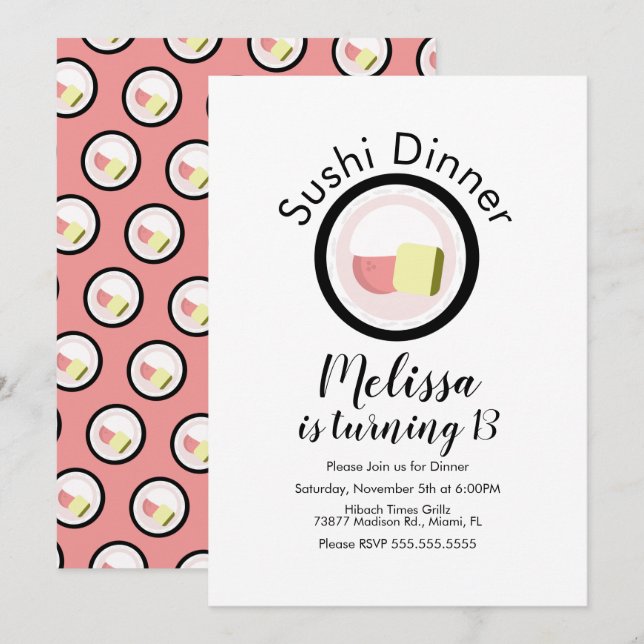 Convite Sushi Roll Salmon Teen Birthday Restaurante (Frente/Verso)
