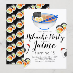 Convite Sushi Teen Aniversário Hibachi Noodles Aquarela