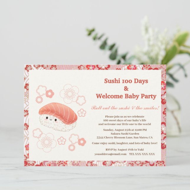 Convite Sushi-Themed 100 Days Baby Celebration Invitation (Em pé/Frente)