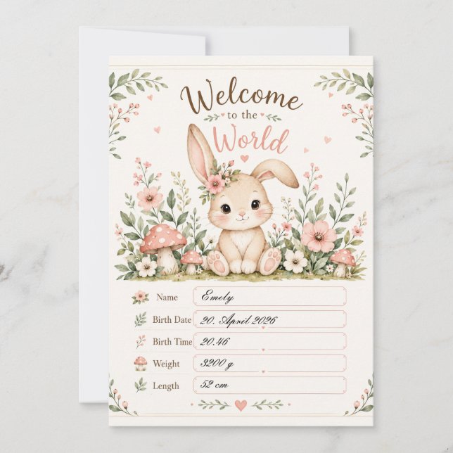 Convite Süßes Baby Hasen Design mit Geburtsdaten Feldern (Frente)