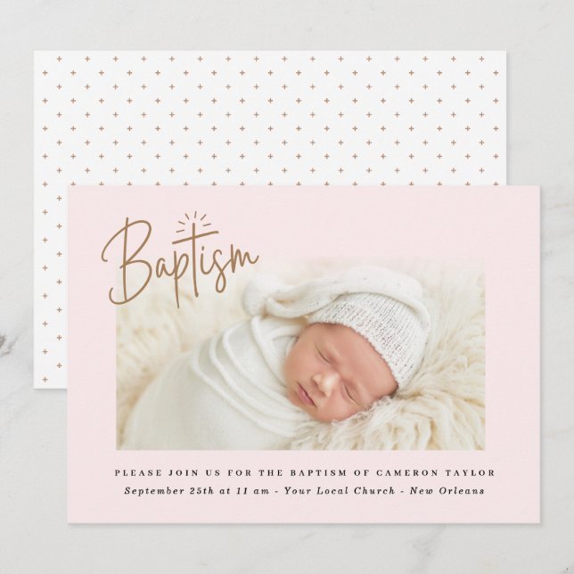 Convite Sutil Cross Dusty Pink Script Baptism Photo Girl (Frente/Verso)