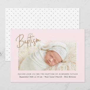 Convite Sutil Cross Dusty Pink Script Baptism Photo Girl