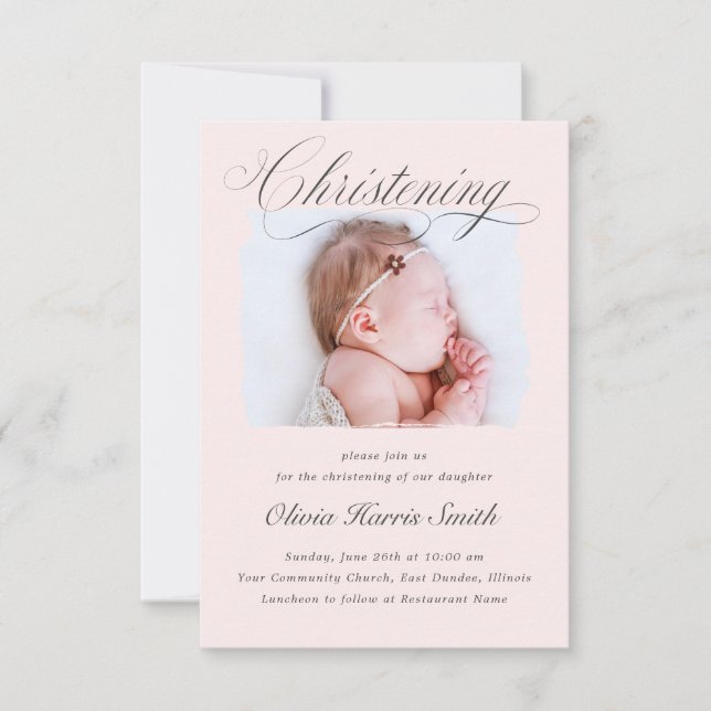 Convite Sutil Cross Dusty Pink Script Christening Foto I (Frente)