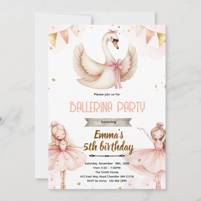 Convite Swan Ballet birthday Theme invitation (Frente)