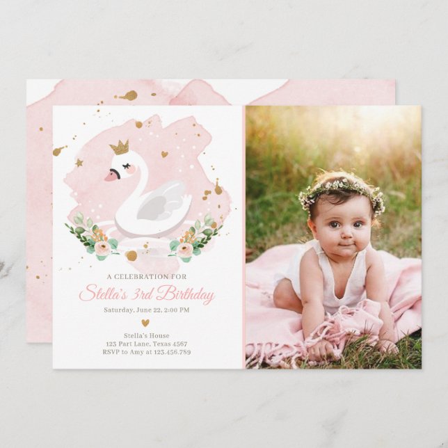 Convite Swan Birthday Invitation Girl Princesa Rosa Dourad (Frente/Verso)