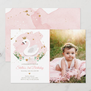 Convite Swan Birthday Invitation Girl Princesa Rosa Dourad