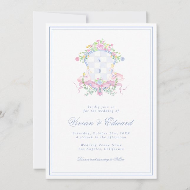 Convite Swan Crest Monogram Coastal Blue Wedding (Frente)