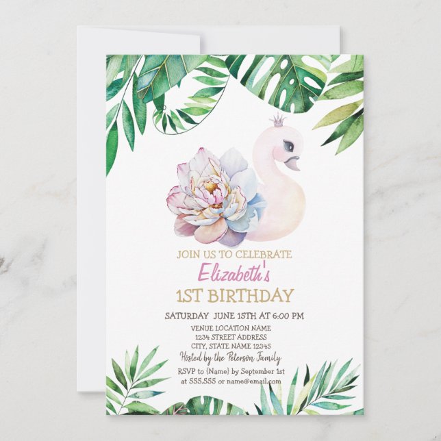 Convite Swan De Bebê De Aquarela,Folha De primeiro anivers (Frente)