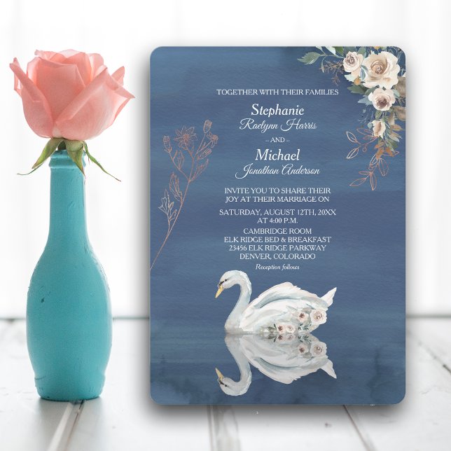 Convite Swan Floral Branco sobre Casamento Azul (Criador carregado)