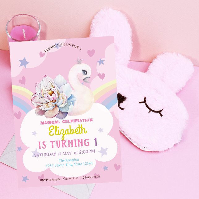 Convite Swan Flower Crown Rainbow Hearts Stars Aniversário (Criador carregado)