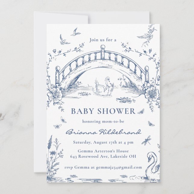Convite Swan Lake Toile Chinoiserie Baby Shower Invitation (Frente)