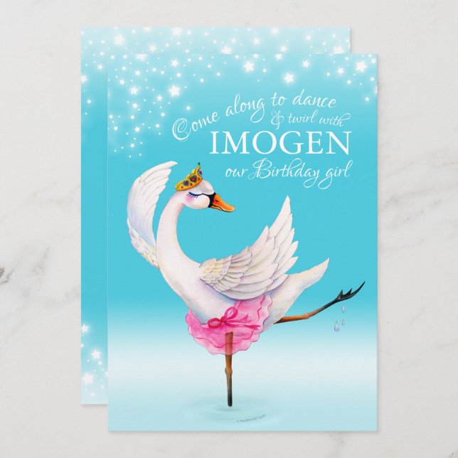 Convite Swan no lago balé aniversário de 3 anos aqua convi (Frente/Verso)