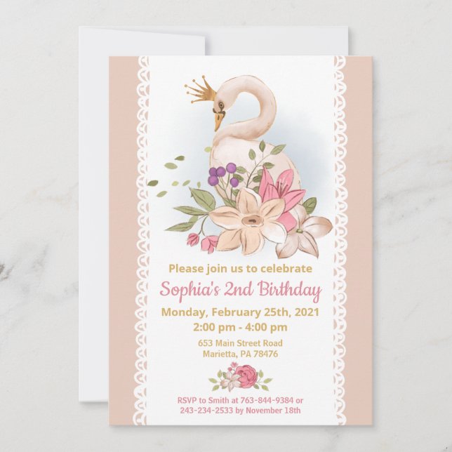 Convite Swan Princess Festa de aniversário (Frente)