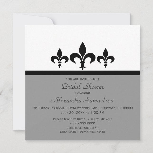 Convite Swanky Fleur De Lis Chá de panela Invite, Cinza (Frente)