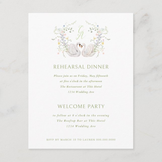 Convite Swans Floral Monogram Crest Rehearsal Dinner (Frente)