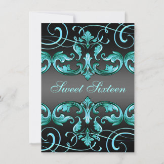 Convite Sweet16 Black/Blue Damask & Tiara Birthday Convida