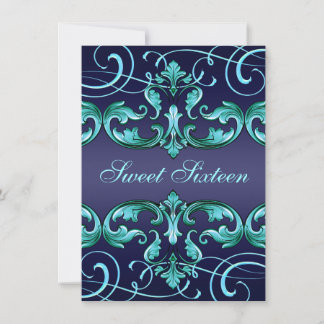 Convite Sweet16 Blue Damask & Tiara Birthday Invite